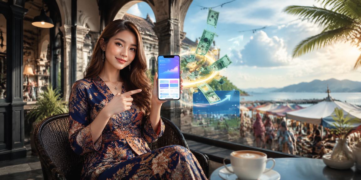 Pengguna Malaysia dengan pakaian batik menyemak bonus cashback pertaruhan sukan dalam talian